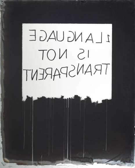 Mel Bochner, "Language is Not Transparent," collodion lantern slide on mirror. Photograph of handwritten text: 1. Language is not transparent.