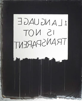 Mel Bochner, "Language is Not Transparent," collodion lantern slide on mirror. Photograph of handwritten text: 1. Language is not transparent.