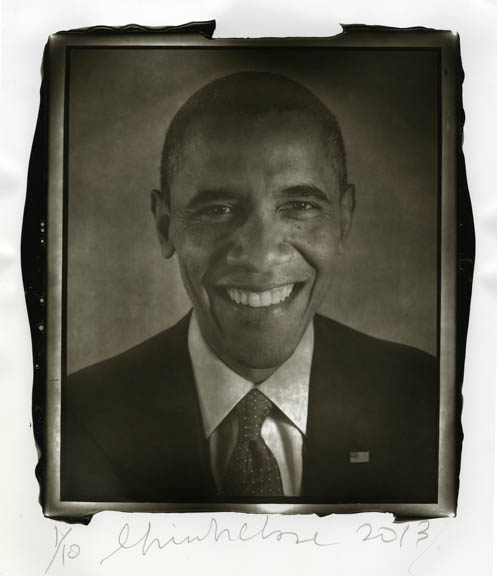 Chuck Close Woodburytype print from portrait of Obama smiling- front view.