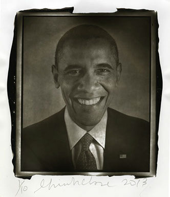 Chuck Close Woodburytype print from portrait of Obama smiling- front view.