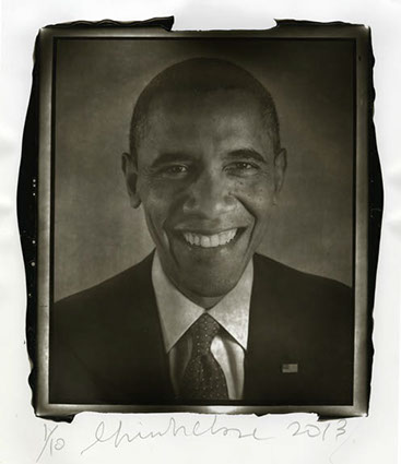 Chuck Close Woodburytype print from portrait of Obama smiling- front view.