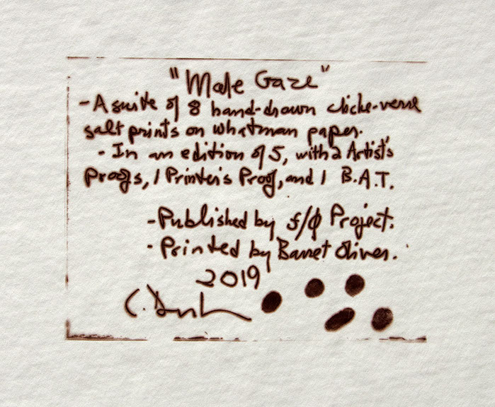 Carroll Dunham, colophon, cliché verre salt print, 8x10 inches on a 16x20 sheet. Published by The ƒ/Ø Project 2019.