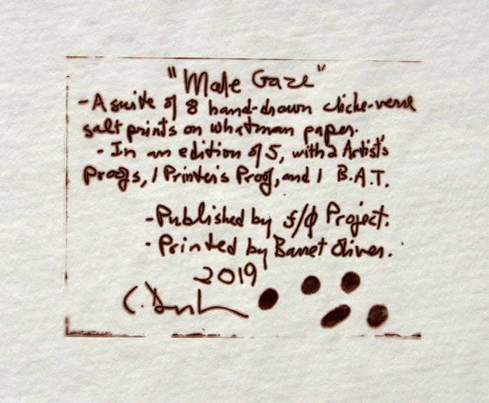 Carroll Dunham, colophon, cliché verre salt print, 8x10 inches on a 16x20 sheet. Published by The ƒ/Ø Project 2019.