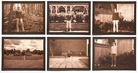 A 3x2 grid of salt print photographs. Each depict the artist standing still for 1 hour with arms to sides. Each in different locations.