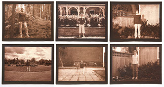 A 3x2 grid of salt print photographs. Each depict the artist standing still for 1 hour with arms to sides. Each in different locations.