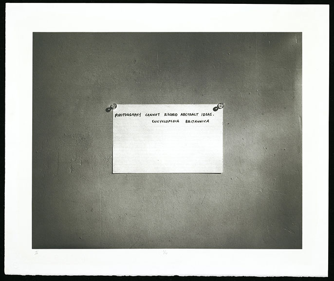 Mel Bochner, platinum print from a gelatin negative. Photograph of quote "Photography cannot record abstract ideas." 