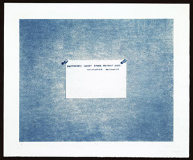Mel Bochner, cyanotype print from a calotype paper negative. Photograph of quote "Photography cannot record abstract ideas." 