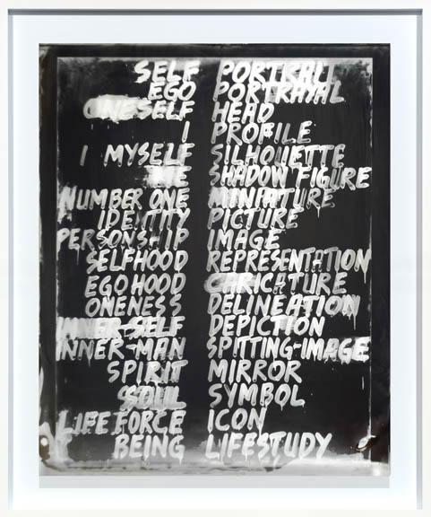 Mel Bochner "Self Portrait" collodion lantern slide on mirror. Photograph of handwritten text: ego, portrayal, I, profile, myself, silhouette et